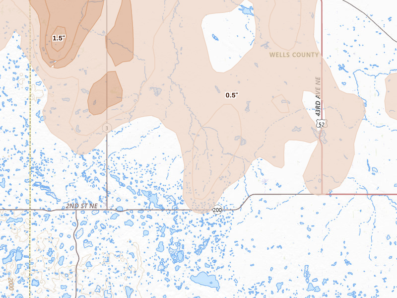 Radar-estimated hail-size map of the storm over Chaseley, ND on Sep 3, 2026