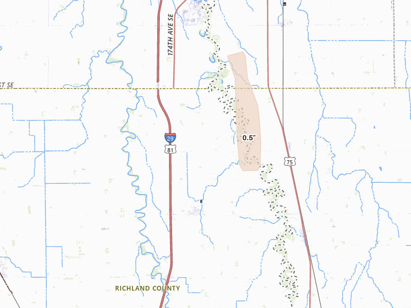 Radar-estimated hail-size map of the storm over Christine, ND on Feb 26, 2026