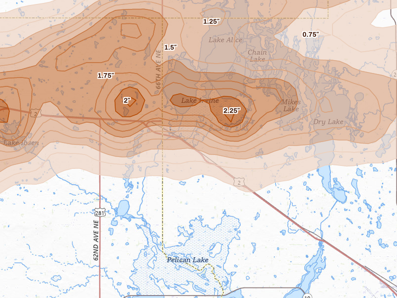 Radar-estimated hail-size map of the storm over Churchs Ferry, ND on Jun 28, 2026