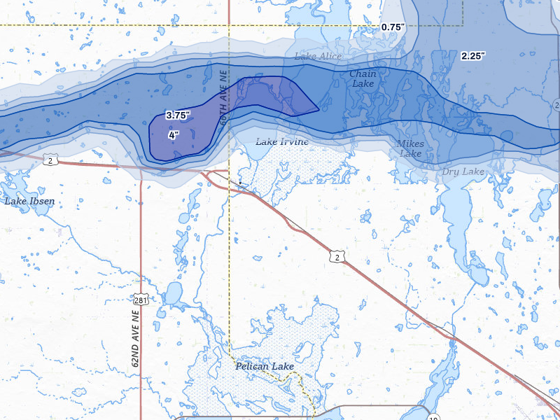 NEXRAD radar-signature map of the hail over Churchs Ferry, ND