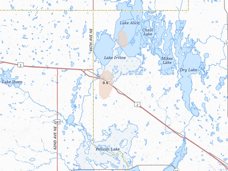Radar-estimated hail-size map of the storm over Churchs Ferry, ND on Jun 29, 2026