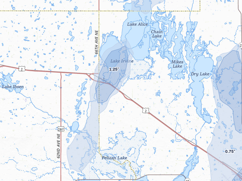 NEXRAD radar-signature map of the hail over Churchs Ferry, ND