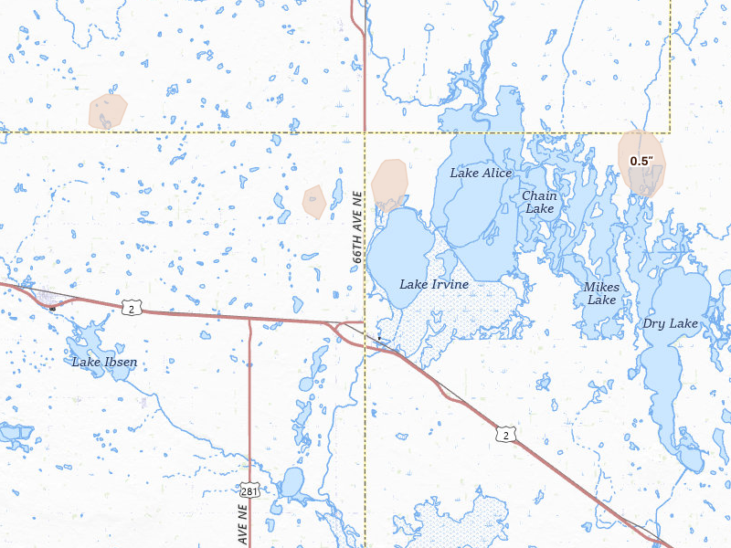 Radar-estimated hail-size map of the storm over Churchs Ferry, ND