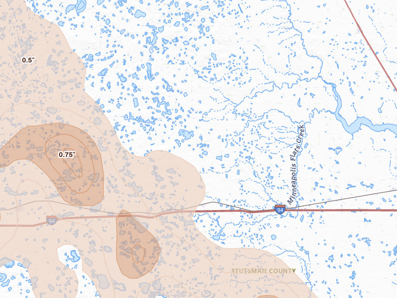 Radar-estimated hail-size map of the storm over Cleveland, ND on Jul 9, 2026