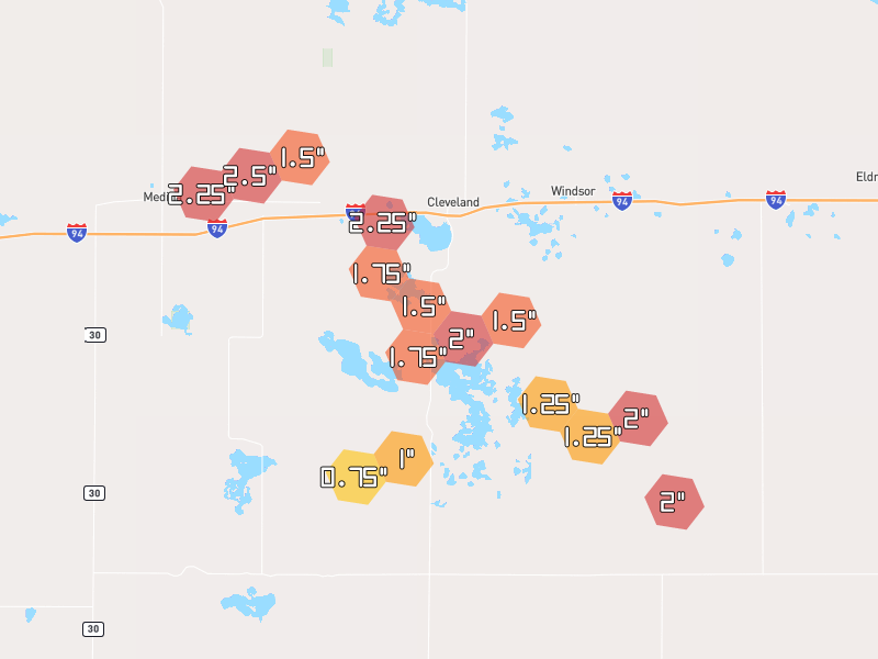 Hail map of Cleveland, ND on Jul 10, 2026, hail up to 2.5"