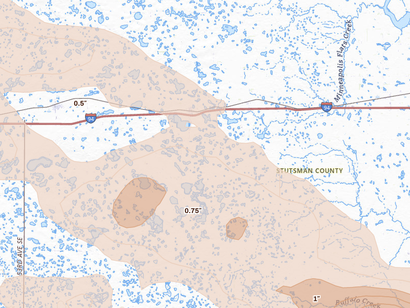 Radar-estimated hail-size map of the storm over Cleveland, ND on Aug 24, 2026