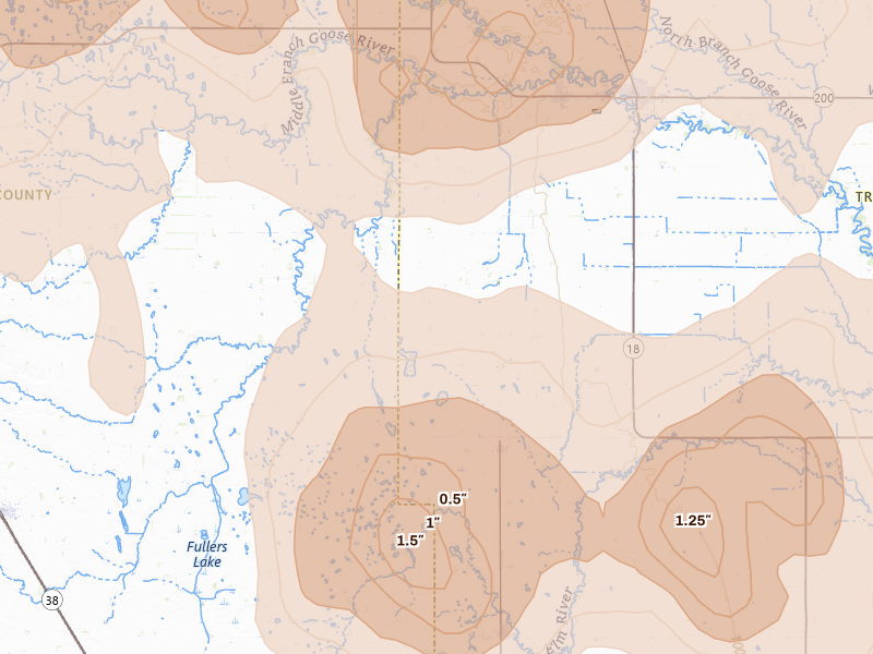 Radar-estimated hail-size map of the storm over Clifford, ND on Sep 3, 2026