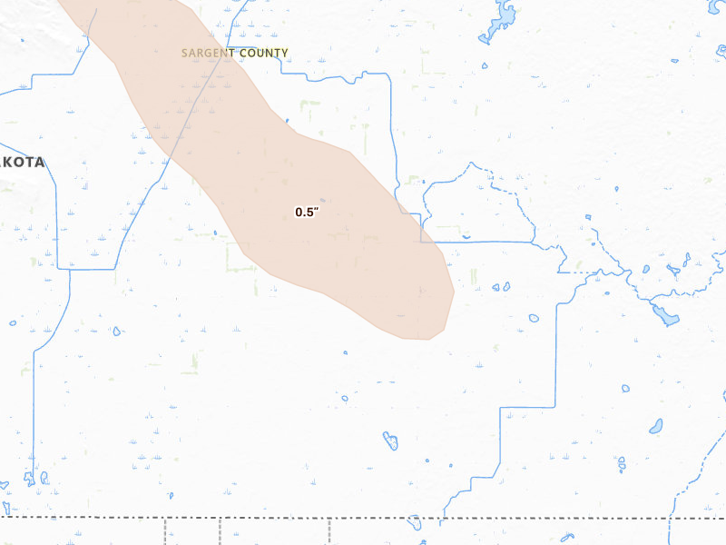 Radar-estimated hail-size map of the storm over Cogswell, ND on Jun 15, 2026
