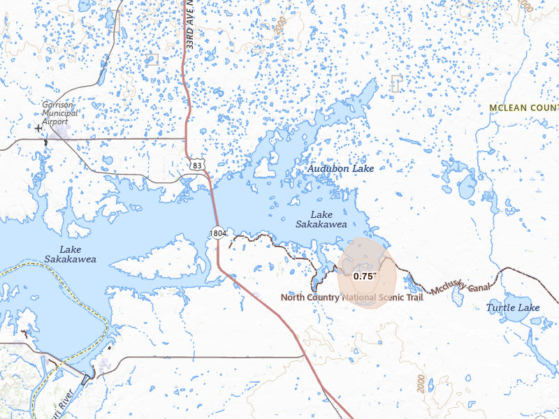 Radar-estimated hail-size map of the storm over Coleharbor, ND on Jun 7, 2026