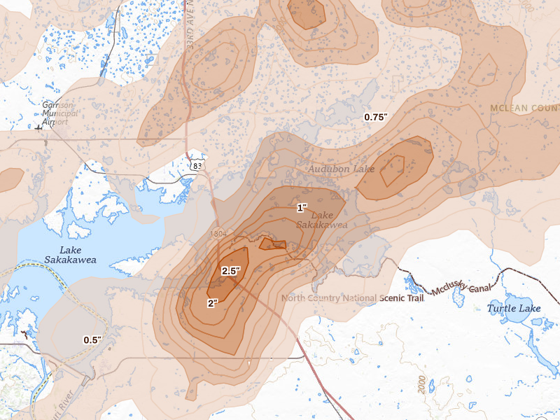 Radar-estimated hail-size map of the storm over Coleharbor, ND on Jun 28, 2026