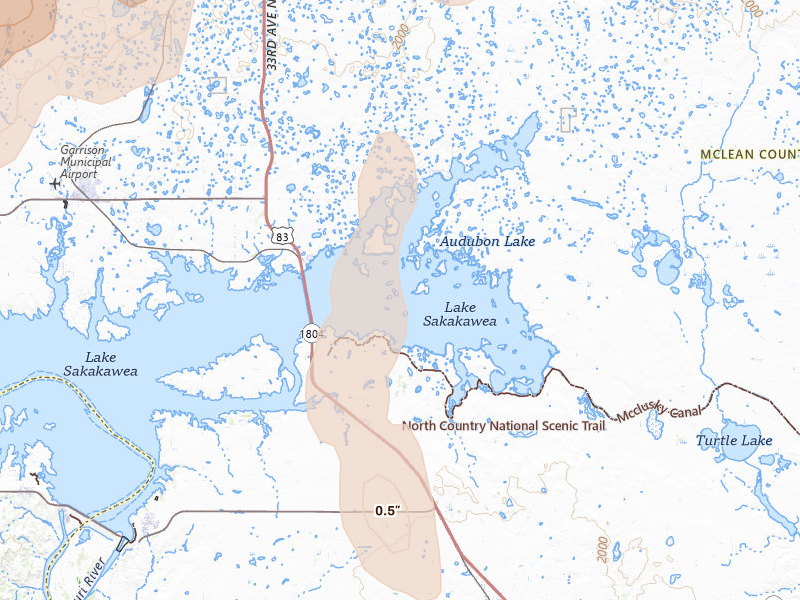 Radar-estimated hail-size map of the storm over Coleharbor, ND on Jun 29, 2026