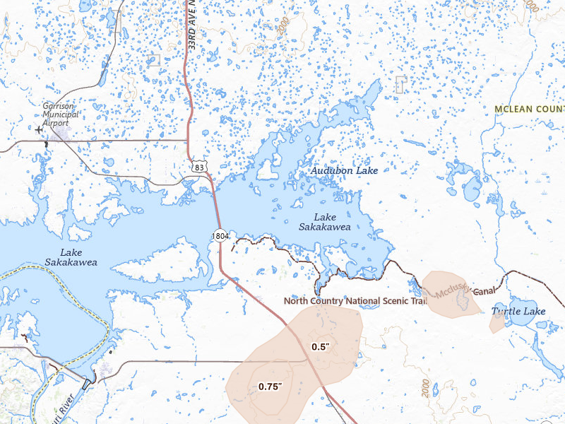 Radar-estimated hail-size map of the storm over Coleharbor, ND on Jul 29, 2026