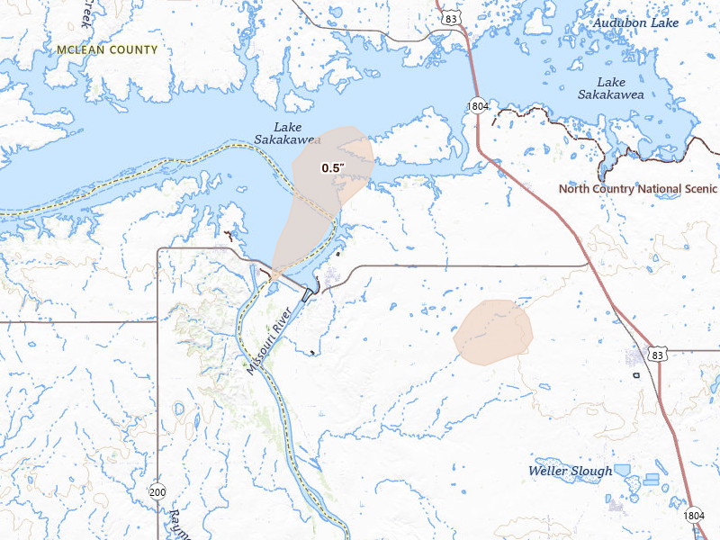 Radar-estimated hail-size map of the storm over Coleharbor, ND on Aug 30, 2026
