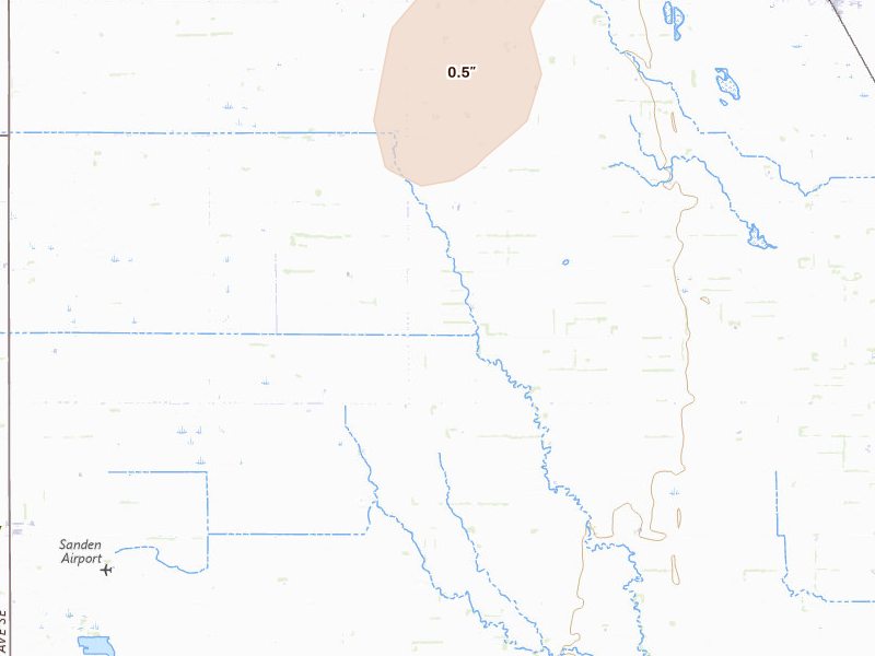 Radar-estimated hail-size map of the storm over Colfax, ND on Jun 29, 2026