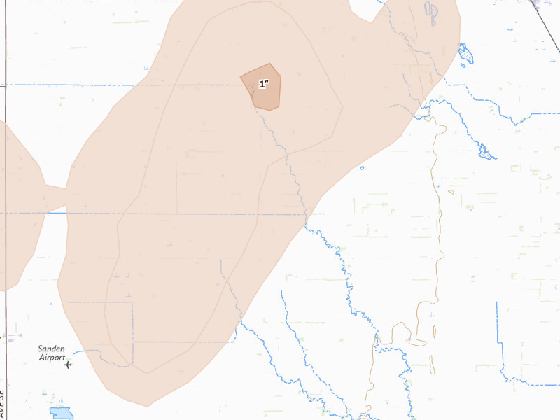 Radar-estimated hail-size map of the storm over Colfax, ND on Jul 30, 2026