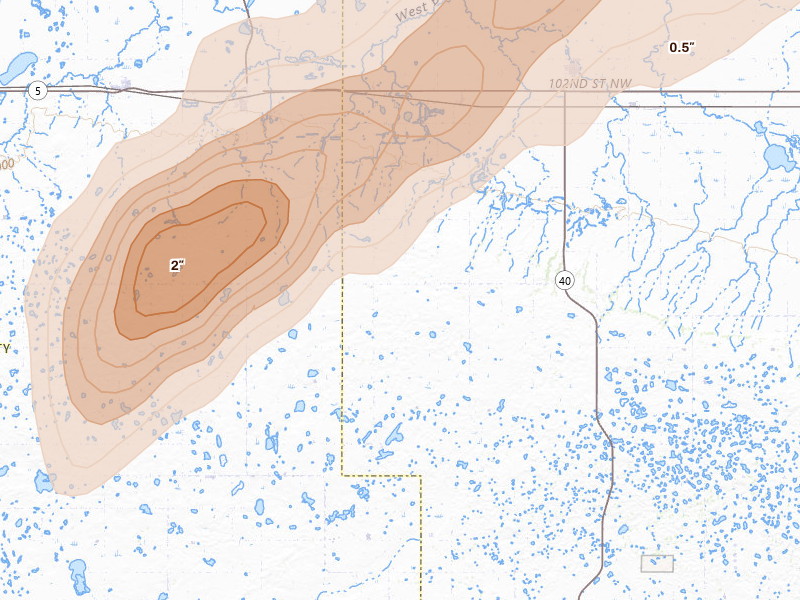 Radar-estimated hail-size map of the storm over Columbus, ND on Jun 9, 2026