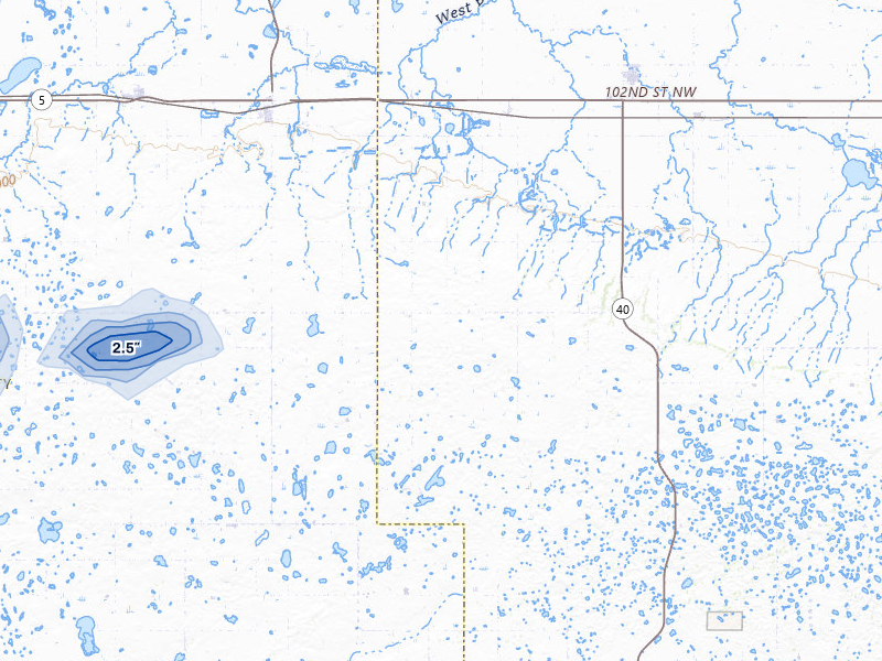 NEXRAD radar-signature map of the hail storm over Columbus, ND on Jun 9, 2026