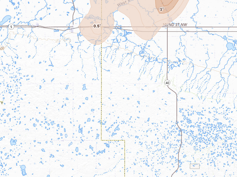 Radar-estimated hail-size map of the storm over Columbus, ND on Jun 28, 2026