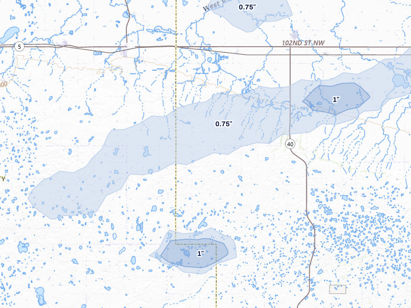 NEXRAD radar-signature map of the hail storm over Columbus, ND on Jul 5, 2026
