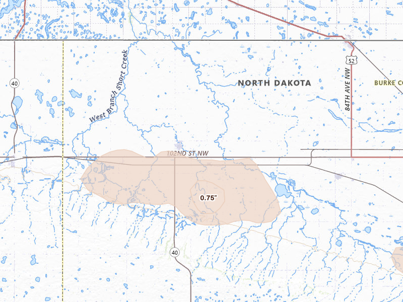 Radar-estimated hail-size map of the storm over Columbus, ND on Aug 23, 2026