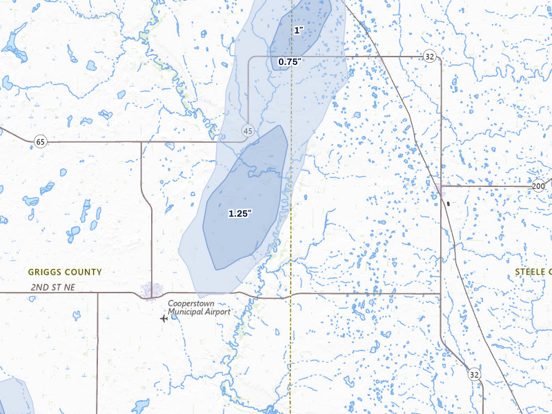 NEXRAD radar-signature map of the hail over Cooperstown, ND