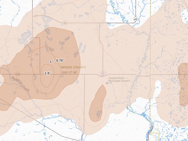 Radar-estimated hail-size map of the storm over Cooperstown, ND