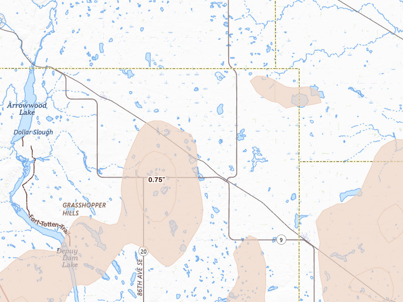 Radar-estimated hail-size map of the storm over Courtenay, ND on Jun 2, 2026