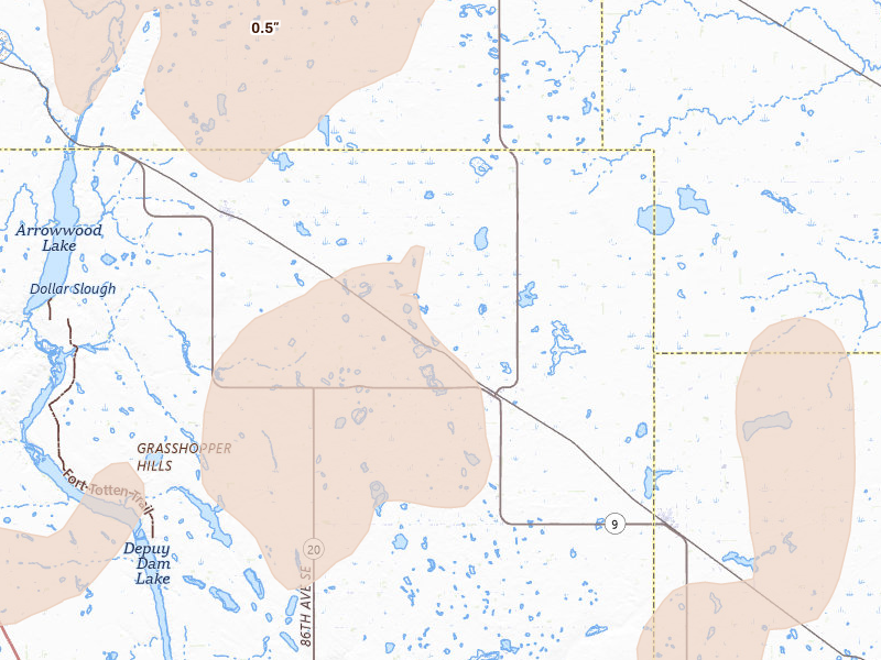 Radar-estimated hail-size map of the storm over Courtenay, ND on Jun 9, 2026