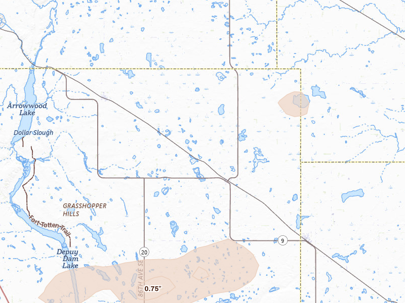 Radar-estimated hail-size map of the storm over Courtenay, ND on Jun 10, 2026