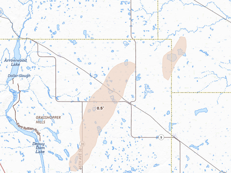 Radar-estimated hail-size map of the storm over Courtenay, ND on Jun 29, 2026
