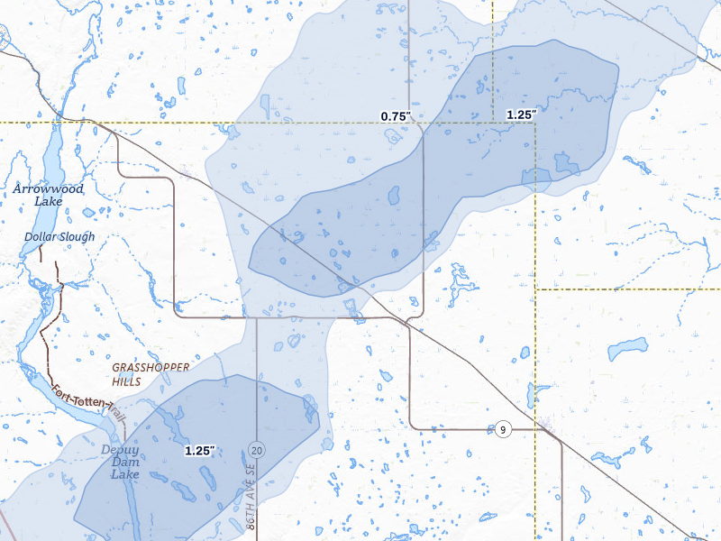 NEXRAD radar-signature map of the hail storm over Courtenay, ND on Jun 29, 2026