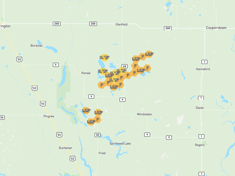 Hail map of Courtenay, ND on Jun 30, 2026, hail up to 1.25"