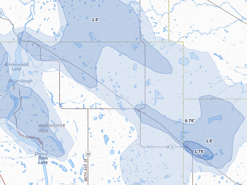 NEXRAD radar-signature map of the hail storm over Courtenay, ND on Jul 9, 2026