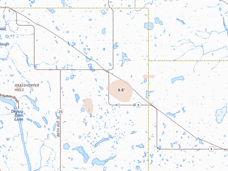 Radar-estimated hail-size map of the storm over Courtenay, ND on Aug 3, 2026