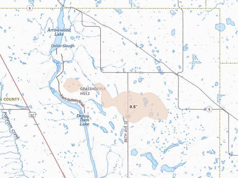 Radar-estimated hail-size map of the storm over Courtenay, ND on Aug 24, 2026