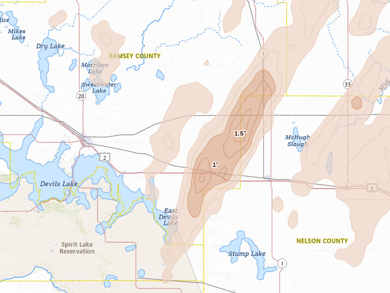 Radar-estimated hail-size map of the storm over Crary, ND on Jun 2, 2026