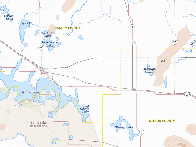 Radar-estimated hail-size map of the storm over Crary, ND on Jun 29, 2026