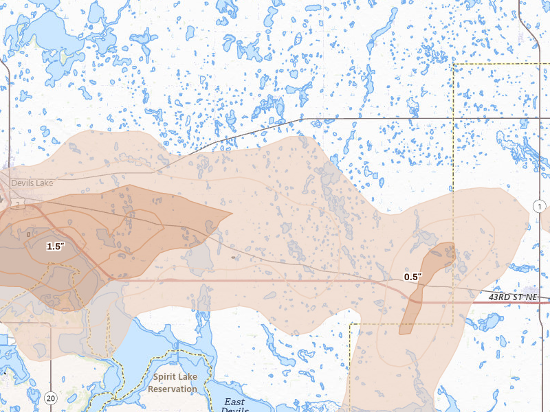 Radar-estimated hail-size map of the storm over Crary, ND