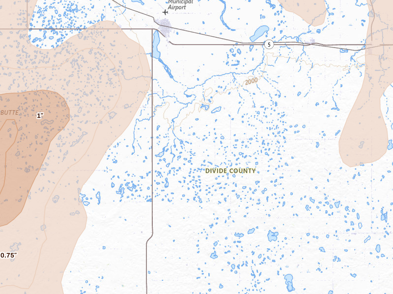 Radar-estimated hail-size map of the storm over Crosby, ND on Jun 7, 2026