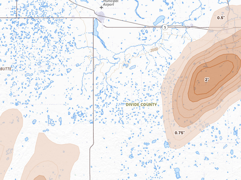 Radar-estimated hail-size map of the storm over Crosby, ND on Jun 9, 2026