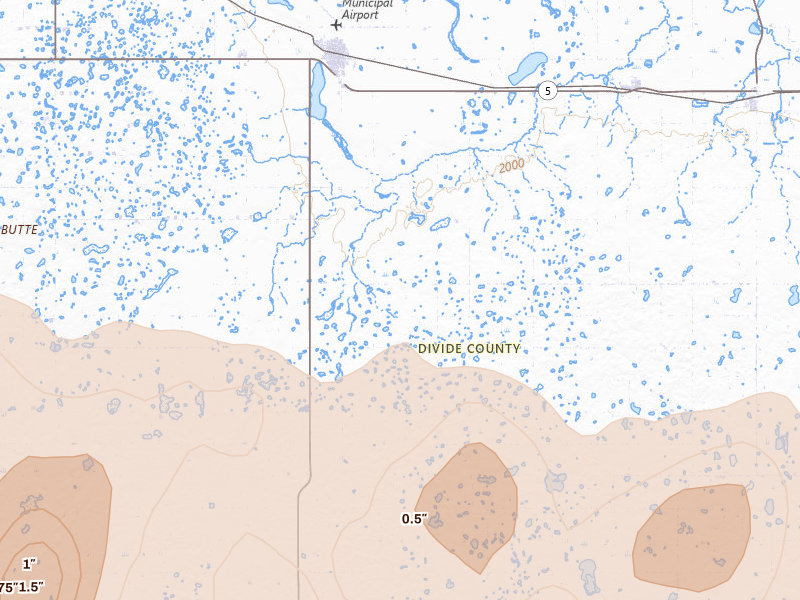 Radar-estimated hail-size map of the storm over Crosby, ND on Jul 3, 2026
