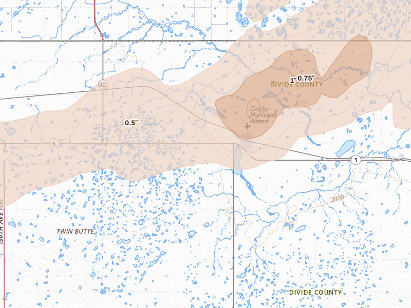Radar-estimated hail-size map of the storm over Crosby, ND