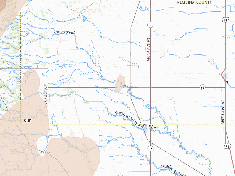 Radar-estimated hail-size map of the storm over Crystal, ND on Jun 2, 2026