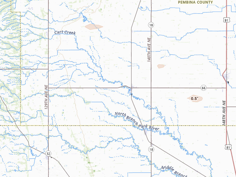 Radar-estimated hail-size map of the storm over Crystal, ND on Jun 15, 2026