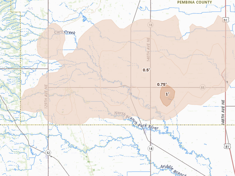 Radar-estimated hail-size map of the storm over Crystal, ND on Jun 28, 2026