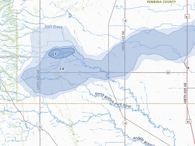 NEXRAD radar-signature map of the hail storm over Crystal, ND on Jun 28, 2026