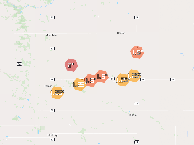 Hail map of Crystal, ND on Jun 29, 2026, hail up to 2"