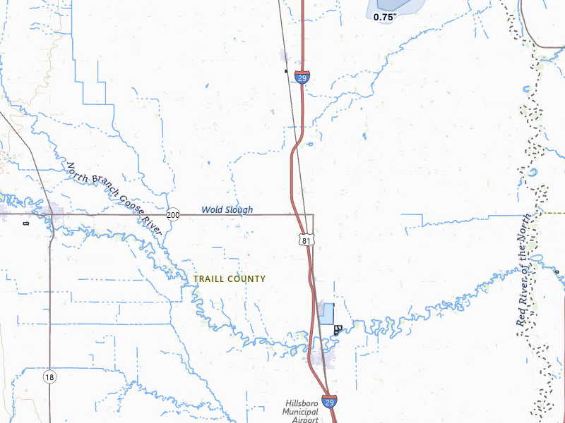 NEXRAD radar-signature map of the hail storm over Cummings, ND on Jun 29, 2026