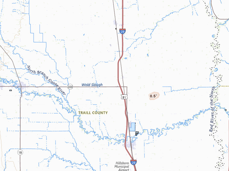 Radar-estimated hail-size map of the storm over Cummings, ND on Jul 12, 2026