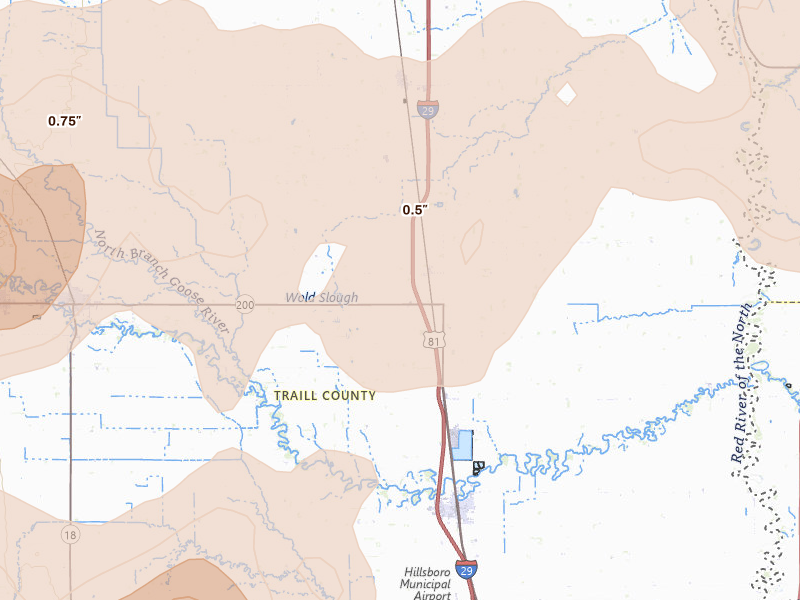 Radar-estimated hail-size map of the storm over Cummings, ND on Sep 3, 2026